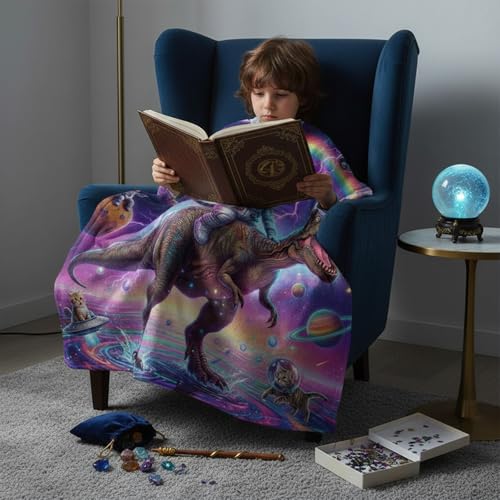 Neasow Funny Astronaut Cat Dinosaur Throw Blanket, Galaxy Space Rainbow Flannel Colorful Fun Blanket, Super Soft for Couch Dorm Sofa Room, Gifts for Kids Teens Boys, Purple 50×60 inch - color: Astronaut Cat Dinosaur, size: 60"L x 50"W