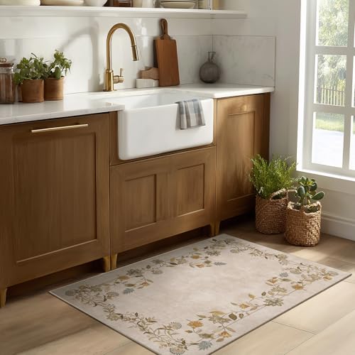 2x3 Washable Small Rugs for Entryway: Floral Door Mat Indoor Entrance Non Slip Rubber Backed Low Pile Soft Throw Area Rugs for Bedroom Kitchen Front Door Indoor Entrance Foyer Entry Farmhouse - color: Edge Floral Beige White, size: 2' x 3' (Rectangular)