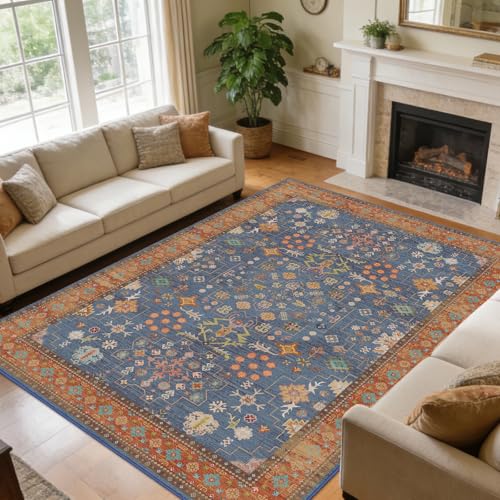 Area Rug for Living Room 9x12, Vintage Washable Non-Slip Backing Stain Resistant Area Rugs for Bedroom Kitchen Dining Room Farmhouse Nursery Home Office (Indigo Terracotta) - color: Indigo Terracotta, size: 9' x 12' (Rectangular)