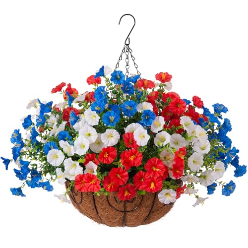 Ammyoo Artificial Fake Hanging Flowers with Basket for Outdoors, Faux Petunias Flowers Fake Hanging Plants with Eucalyptus Realistic UV Resistant for Outside Patio Garden Porch Balcony Yard Decor - color: Red Blue White