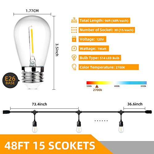 Lakumu Outdoor String Lights 96FT(48×2), Commercial Grade Heavy Duty Patio Lights with Dimmable S14 Shatterproof LED Bulbs, Linkable Waterproof Bistro Lights for Outside Deck Backyard Cafe Market - color: Black-2700K, size: 96FT(48FT*2)
