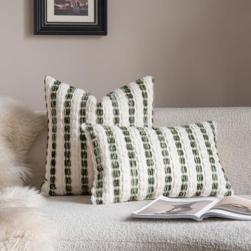 Caflife Boho Lumbar Throw Pillow Covers 12x20 Inch Set of 2, Farmhouse Green Striped Textured Chenille Decorative Couch Pillow Cases, Rustic Accent Cushion Covers for Sofa Bed Living Room Bedroom - color: Green, size: 20" x 12" (Pack of 2)
