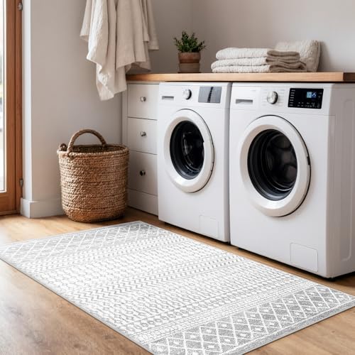 Boho Rug for Bedroom, 3x5 Ivory Gray Moroccan Vintage Non-Slip Backing Area Rug, Machine Washable Low-Pile Front Door Mat Kitchen Rugs for Living Room Laundry Dinning Room - color: Ivory / Gray, size: 3' x 5' (Rectangular)