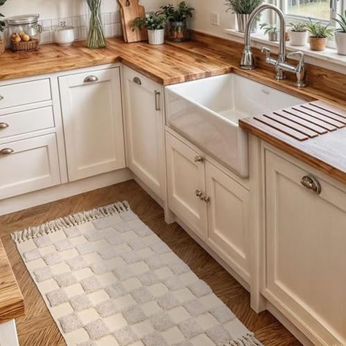 Boho Bathroom Rugs with Tassels Beige Checkered Runners for Hallways Cotton Tufted Rug Mat 2'x6' - color: Checkered Cream, size: Runner(2'x6')