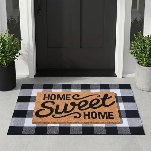 Home Sweet Home Doormat Set, 2-Piece Layered Front Porch Mat Combo, Natural Coir Welcome Mat with Black and White Buffalo Plaid Rug, Farmhouse Outdoor Entryway Decor for Porch, Patio, Home