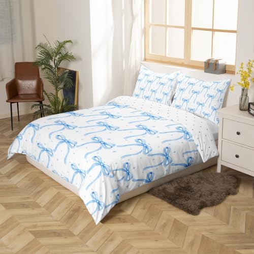 Cartoon Bowknot Girls Duvet Cover Set Full Size Kids Bow Tie Princess Bedding Sets 3Pcs for Child Girly Woman Room Decor, Butterfly Knot Comforter Cover with 2 Pillowcases (No Comforter) Blue - color: Blue, size: Full 80"x90"