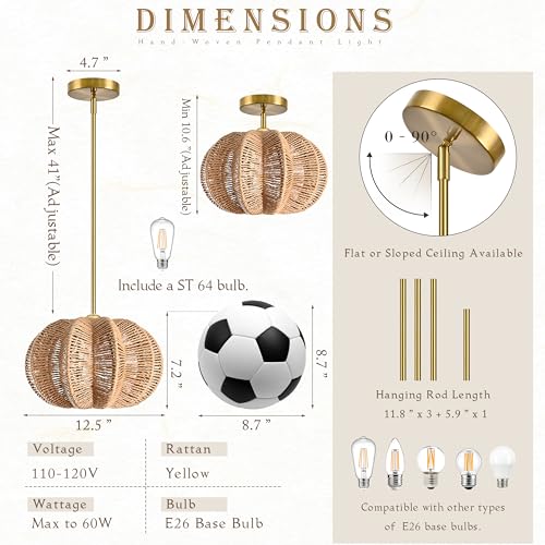 Rattan Pendant Light 12.6 in Hemp Rope Rattan Light Fixture Woven Pendant Wicker Chandelier Boho Chandelier for Hallyway - color: 12.5" Natural