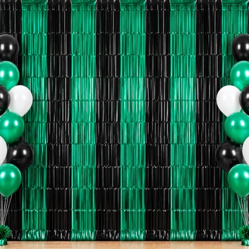 TONIFUL Black and Green Fringe Backdrop Curtain 2026 Graduation Parties 2Pcs 3.3x6.6 ft Metallic Tinsel Foil Fringe Photo Booth Backdrop Door Streamers for Birthday Soccer Themed Party Decorations - color: Black Green