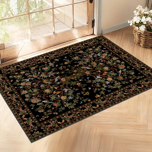 Entryway Rug 2x3 Washable, Black Non-Slip Small Area Rug, Boho Floral Botanical Low Pile Carpet for Front Door, Bathroom, Kitchen - color: Black, size: 3' x 2' (Rectangular)