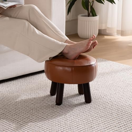 oakvivo Small Foot Stool, Round Faux Leather Pouf Ottoman Foot Rest, Footstool Ottomans with Rubber Legs Under Desk, 13''L x 13''W x 10.2''H, Footrest for Couch, Living Room, Bedroom, Hallway, Brown - color: Brown