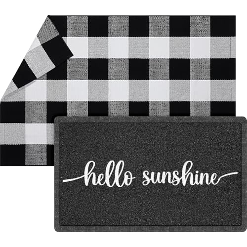 Geelin 2 Pcs 30'' x 18'' Doormat 43'' x 27.5'' Black and White Layered Rug for Front Door Mat Outside Entrance Welcome Door Mats for Indoor Outdoor Entryway Porch Decor(Hello Sunshine) - style: Hello Sunshine