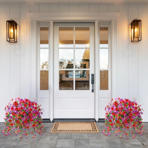 Artificial Fake Hanging Flowers Plants with Basket Spring Outdoor Decor,Faux Silk Flowers with Eucalyptus in Planter No Fade Flower in Basket for Farmhouse Home Garden Porch Patio Balcony(Red Purple) - color: Red Purple