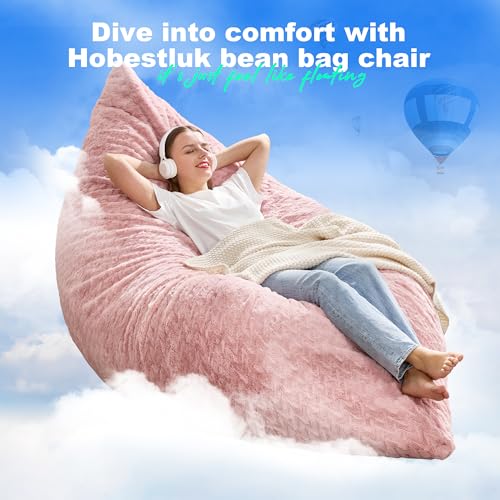 Hobestluk 3 in 1 Bean Bag Chair Giant Bean Bag Chairs for Adults with Chevron Plush Fur Cover Convertible Bean Bag Floor Cushion with Machine Washable Cover for Living Room (Chevron Plush Pink) - color: Rose Pink
