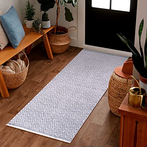 Ramanta Home 100% Cotton Diamond Handwoven Reversible Rug 24x60 Inch– Grey| Soft Washable Area Rug for Bathroom, Kitchen, Bedroom, Entryway | Durable Lightweight Handmade Accent Floor Mat | Boho Decor - color: Lt-grey, size: 24 x 60 inches