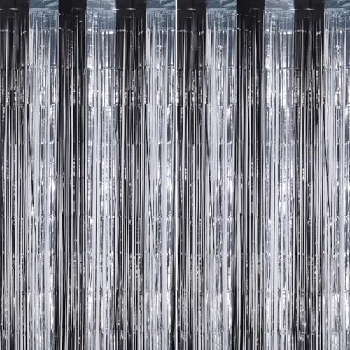 DECOCKRAT 2 Pack Foil Fringe Backdrop - Black&Silver Shiny Tinsel Curtains for Party Decoration/Photo Booth Props - 3.3x6.6 FT Metallic Foil Backdrop for Birthday, Wedding, Graduation, Christmas. - color: Black&Silver
