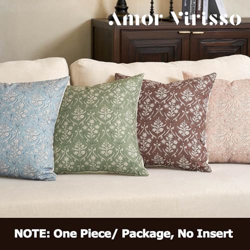 Amor Virisso Floral Pillow Covers 20x20 Inch Farmhouse Block Print Pillow Cover Accent Square Neutral Modern Decorative Throw Pillow Covers for Living Room Couch Bed Sofa Chair, Light Blue - color: Light Blue, size: 20" x 20" (Pack of 1)