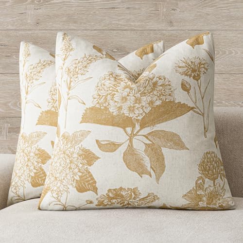 Foindtower Set of 2 Linen Floral Vintage Throw Pillow Covers Neutral Accent Print Decorative Cozy Cushion Covers Farmhouse Home Decor for Sofa Chair Couch Bed Living Room,18×18 Inch,Light Yellow - color: Light Yellow, size: 18" x 18" (Pack of 2)