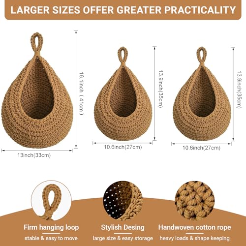 Hanging Fruit Baskets for Kitchen, 3 Pack Boho Cotton Rope Handwoven Vegetable Storage Wall Mounted Large Organizing Basket for Farmhouse Decor, Onion, Potato, Garlic and Plants (Caramel) - color: Caramel