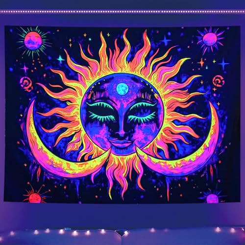 Starlit Patio Blacklight Tapestry UV Reactive Tapestries Sun Moon Wall Hanging Trippy Neon Glowing Tapestry for Bedroom Living Room Dorm Decor Aesthetic Hippie Art Boho Wall Bohemian Poster - color: Sun Moon