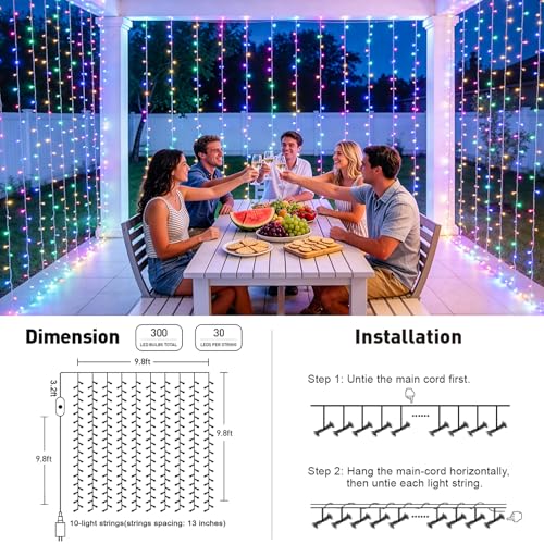 JMEXSUSS RGB Curtain Lights, 300 LED 9.8×9.8FT, Color Changing String Lights with APP & Remote Control, 16 Million Colors, IP44 Waterproof, Holiday Lights for Bedroom Party Wedding 4th of July Decor - color: RGB (Red, Green, Blue), size: 300 LED