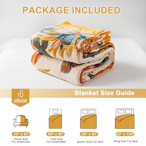 Boho Throw Blanket for Bed 90"x108", 100% Soft Cotton Bohemian Blankets with Rustic Floral Printed Decor, Spring Throw Blanket for Couch Cozy Breathable King Size All Season - color: Ink and Wash, size: 90"x108"