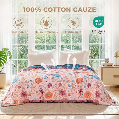 LUTBM Boho Throw Blanket for Bed Cotton Summer Blankets Twin Size for Bedroom Living Room All Season Lightweight Floral Butterfly Embroidery Quilt for Couch Sofa Chair 60"x80" Home Decor - color: Butterfly-beige, size: 60"×80"