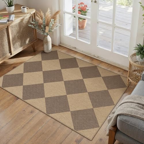 PureCozy 2x3 Checkered Easy Jute Kitchen Front Doormat Non Slip Washable Neutral Area Rug Diamond Non Shedding Low Pile Brown Checkerboard Floor Carpet for Farmhouse Entryway Porch Doorway - color: Brown|checkerboard-1, size: 2' x 3' (Rectangular)