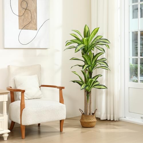 Ferrgoal Artificial Plants, 5 Ft Dracaena Tree Faux Plants Indoor Outdoor Decor Fake Tree with Woven Seagrass Basket Plants for Home Decor Office Living Room Porch Patio Housewarming - size: 5ft