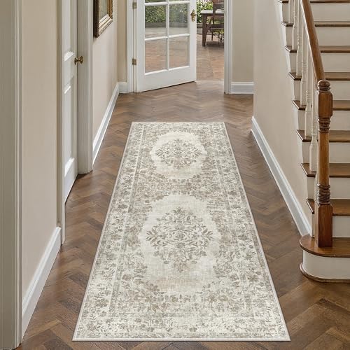 PureCozy 2x5 Runner Rug Beige Washable Hallway Kitchen Bedroom Vintage Distressed Bathroom Non Slip Medallion Floral Carpet Indoor Retro Throw Floor Mat for Office Dining Laundry Living Room - color: Vintage Beige/Cream, size: 2' x 5' (Runner)