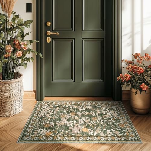 jinchan Eden Floral Area Rug 2x3 Entryway Vintage Washable Indoor Doormat Accent Rug Lightweight Soft Small Non-Slip Low Pile Distressed Green Carpet for Entrance Kitchen Bedroom Bathroom - color: Eden Green, size: 2' x 3' (Rectangular)