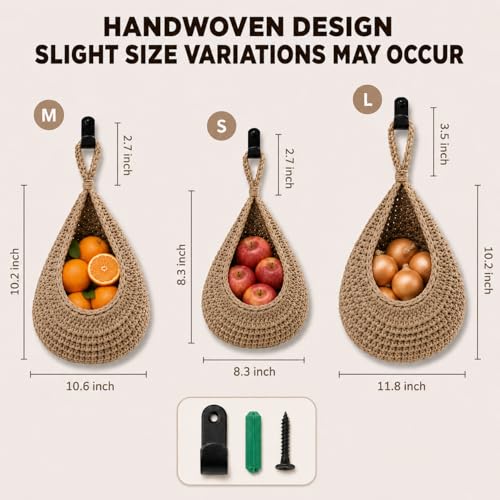Boho Decor Hanging Fruit Baskets for Kitchen, 3 Pack Handwoven Teardrop Wall Hanging Baskets with Hooks, Storage for Fruits, Onions, Vegetables & Potatoes, 3 Sizes for Home, Linen - color: Linen