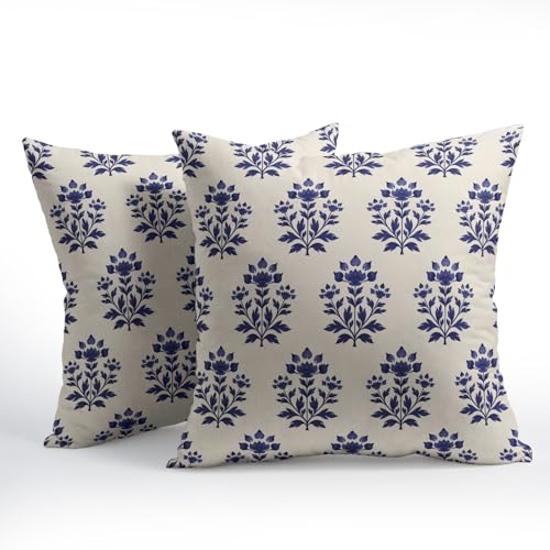 Blue Flower Pillow Covers 16x16 Inches Block Print Blue Vintage Farmhouse Boho Floral Throw Pillow Case Set of 2 Pillow Cover Cotton Linen Cushion Cover for Home Couch Sofa Bedroom Livingroom - color: Blue Flower240413, size: 16" x 16" (Pack of 2)