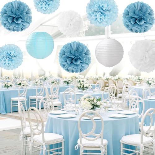 Dusty-Blue White Party-Decorations Paper-Flowers Lanterns - 15pcs Birthday Baby Bridal Shower Tissue Pom Poms Streamers Honeycomb, Boy Men Wedding Bachelorette Hanging Supplies Decor Hugfond - color: Dusty Blue