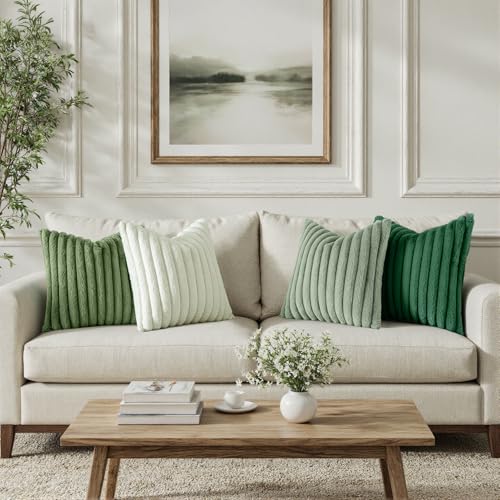 MIULEE Faux Fur Plush Decorative Throw Pillow Covers 18x18 Set of 4, Spring Modern Soft Fuzzy Striped Cushion Covers for Sofa Couch Bed Living Room Cozy Home Decor,Green - color: Green, size: 18" x 18" (Pack of 4)