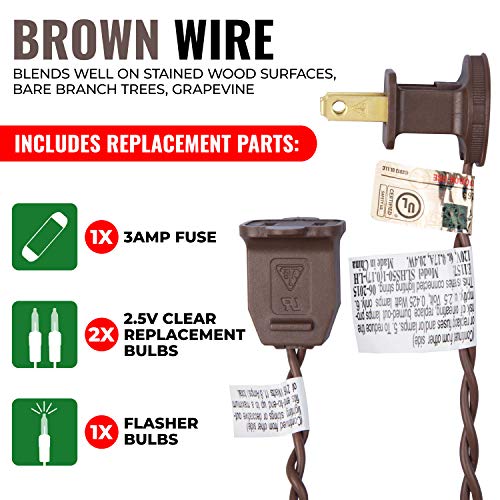 612 Vermont 50 Clear Mini Christmas String Lights on Brown Wire Cord, UL Approved for Indoor/Outdoor Use, 9 Foot of Lighted Length, 11 Foot of Total Length - size: 50 Light