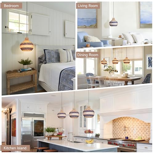 9.8" Rattan Woven Pendant Light, Adjustable Coastal Lamp Shade, Farmhouse Small Chandelier Vintage Hanging Lighting Fixture for Kitchen Island Bedroom Dining Living Room