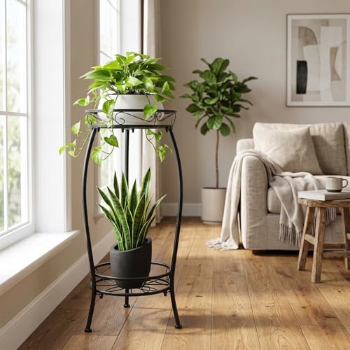 Plant Stand Indoor Outdoor 27.1'', 2 Tier Tall Metal Plant Stands, Heavy Duty Rustproof Corner Flower Potted Rack for Planter Holder Home Patio Balcony Garden -Black