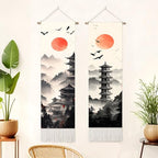 seewan 2 Pack Long Vertical Wall Tapestry, Boho Nature Landscape & Floral Aesthetic Wall Hanging for Bedroom Living Room Home Decor, Long Narrow Art Tapestry with Sunrise Mountain Botanical Designs, 13" × 51" (Zen Pagoda Twilight, 13"Wx51"H, Unframed) - c