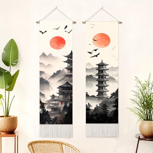 seewan 2 Pack Long Vertical Wall Tapestry, Boho Nature Landscape & Floral Aesthetic Wall Hanging for Bedroom Living Room Home Decor, Long Narrow Art Tapestry with Sunrise Mountain Botanical Designs, 13" × 51" (Zen Pagoda Twilight, 13"Wx51"H, Unframed) - c