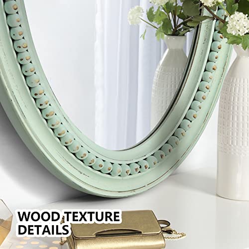 H HOMEWINS Oval Wood Rustic Mirror,20x30 Wooden Oval Decorative Mirrors,Farmhouse Wall-Mounted Green Beads Decor Mirror for Bedroom, Bathroom, Living Room,Vanity - color: Green, size: 30"L x 20"W