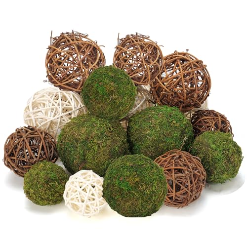 USMOLA 18Pcs Decorative Balls for Centerpiece Bowl - 6Pcs Fake Moss Balls + 12Pcs Rattan Wicker Balls, Artificial Moss Decorative Balls Vase Fillers for Home Garden Wedding Party Decor (Rustic)