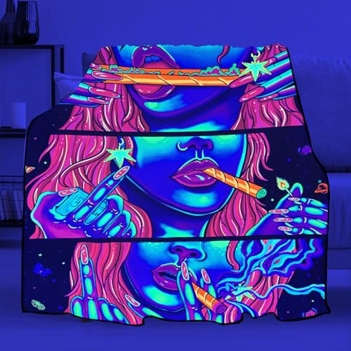Blacklight Hippie Trippy Blanket UV Reactive Throw Glow in the Dark Smoke Weed Throw Blankets for Stoners Bedroom Room Decor Cannabis Weed Smoking Accessories Trippy Room Decor Travel Blanket 51”x59” - color: Pink 2