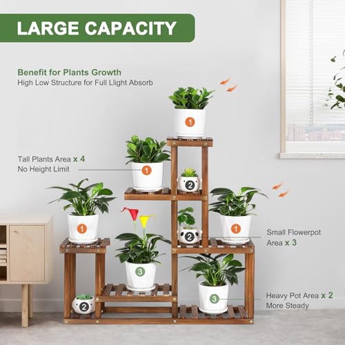 Wood Plant Stand Indoor Outdoor Multi Tiered Corner Plant Shelf Holder High Low Flower Rack Stand for Indoor Multiple Plants 9 Potted Organize Shelves in Living Room Garden Balcony Patio Yard