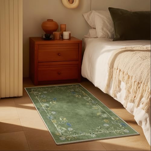 2x3 Small Area Rugs for Entryway: Machine Washable Door Mat Indoor Entrance Stain Resistant Non Slip Rubber Backed Low Pile Soft Throw Rugs for Bedroom Kitchen Front Door Indoor Entrance Foyer Entry - color: Edge Floral Green, size: 2' x 3' (Rectangular)
