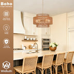 23.6" Large Rattan Chandelier Light Fixture,6-Light Hand-Woven Boho Light Fixture, 3-Tier Drum Wicker Chandelier for Dining Room, Bedroom, Kitchen Island, Foyer - color: Gold 23.6"