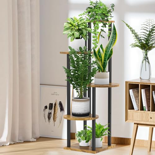5 Tier Wood Tall Plant Stand Metal Rack Indoor, Multiple Flower Pot Holder Shelves Corner Rack, Round Planter Shelf Display Rack Storage Organizer for Patio Living Room Balcony(Black+Brown) - color: Black+Brown, size: 5 Tier
