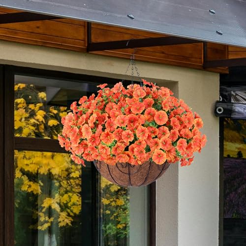 Artificial Fall Flowers Fake Hanging Plants Flowers Basket for Outdoors Autumn Decoration, Orange Silk Morning Glory with Eucalyptus Look Real UV Resistant Faux Flowers for Outside Porch Patio Balcony - color: Orange