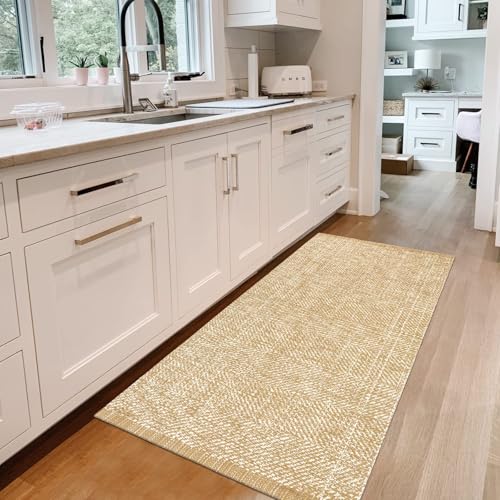 LEEVAN Washable Kitchen Runner Rug, 2' x 4.3' Boho Bathroom Rugs Cotton Tan Reversible Entryway Rug, Farmhouse Hallway Rug Modern Bedroom Carpet for Foyer Front Proch Deco - color: Tan/Cream, size: 2' x 4'3" (Rectangular)