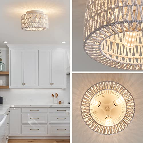 Rattan Light Fixtures Ceiling Mount, 3-Lights Boho Flush Mount Ceiling Light, Hand-Woven Cage Shade Lamp Lighting, Rustic Rattan Chandelier for Hallway Bedroom Kitchen Farmhouse Foyer Entryway (White) - color: White, size: Small
