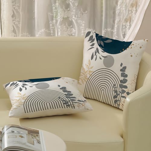 Boho Pillow Covers 18x18 Set of Mid Century Navy Blue Gray Gold Throw Pillow Covers Outdoor Decoration, Abstract Modern Bohemian Leaf Farmhouse Linen Decorative Cushion Cover for Sofa Couch - color: Navy Blue -Mid Century Leaf 2, size: 18" x 18" (Pack of